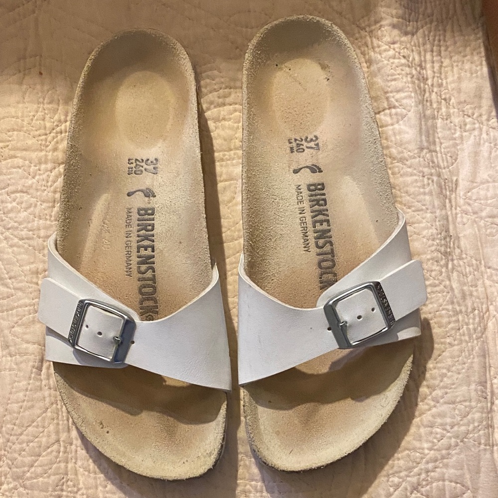 Birkenstock White Single Strap Slide Sandals with Silver Buckle